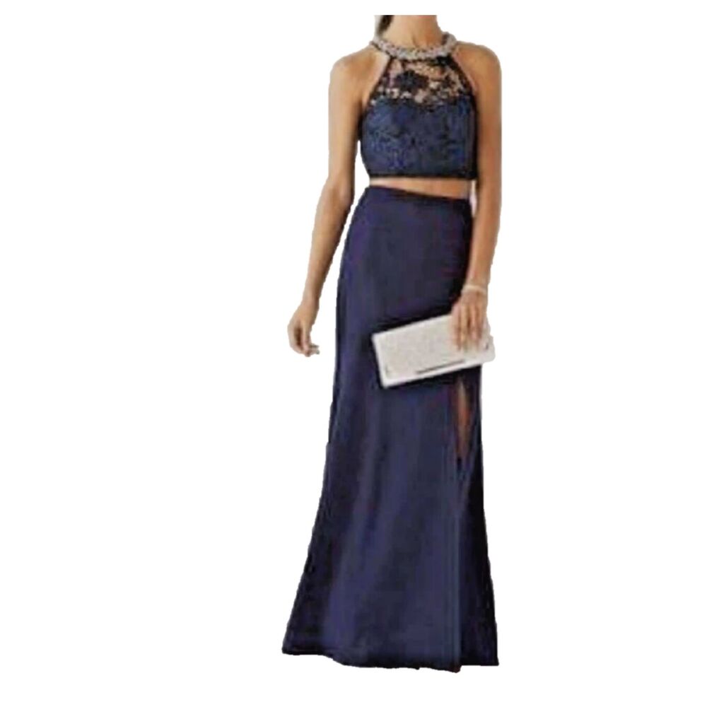 My Michelle Junior 1 Prom Dress Navy Blue 2-Piece Lace Rhinestone Formal Long